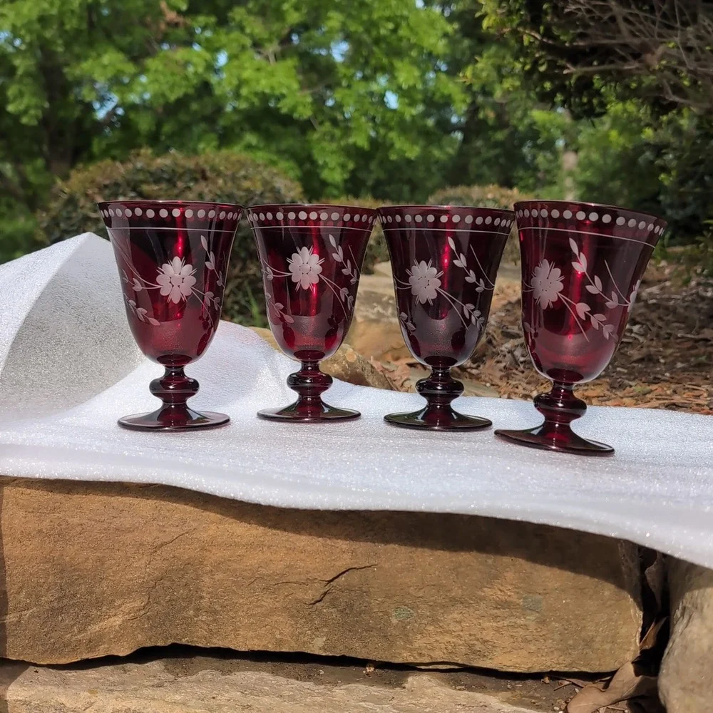 Williams Sonoma Goblet Set Ruby Red Vintage Cut to Clear Floral Glass Etched 4pc